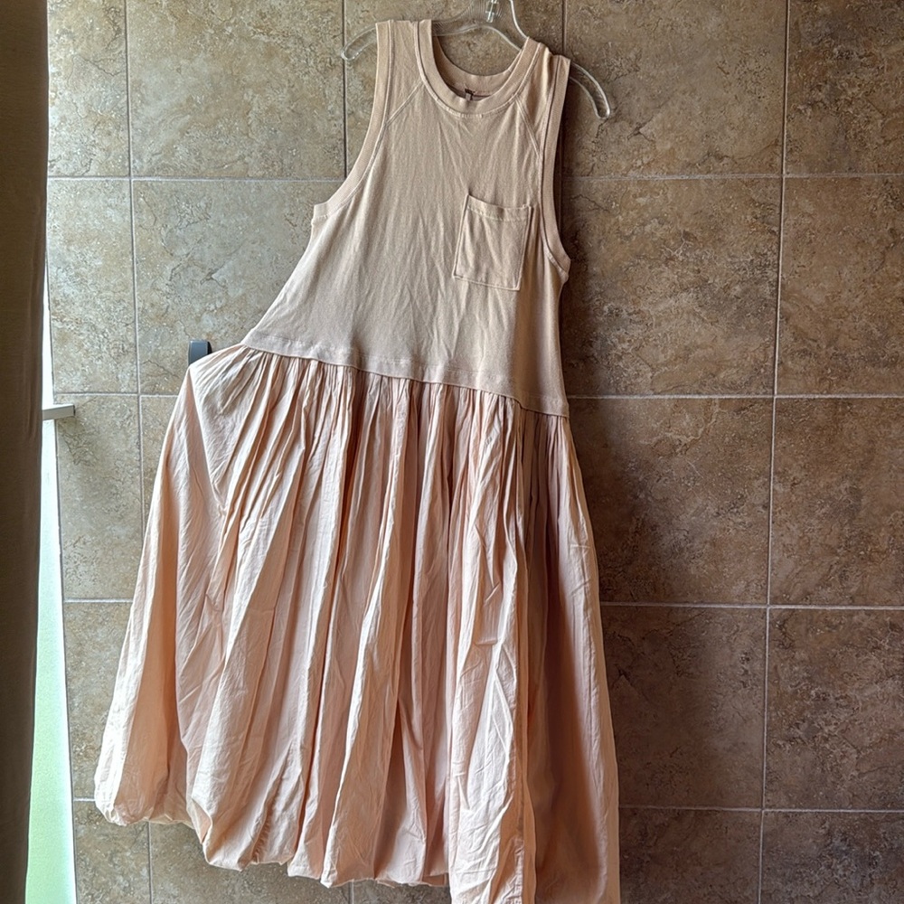 Free People Calla Lily Mixed Media Maxi Dress Pockets Drop Waist Bubble Skirt - Picture 2 of 16